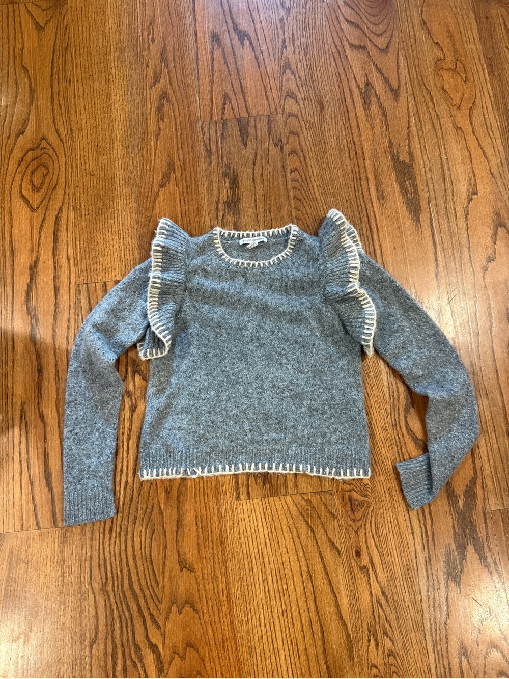 Autumn Cashmere Gray Ruffle Shoulder Crew Sweater with Cream Trim
